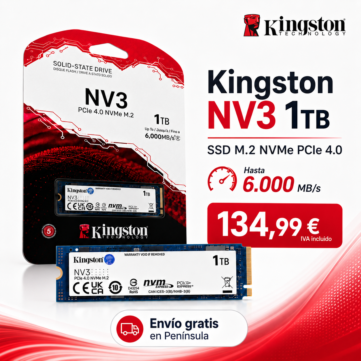 SSD Kingston NV3 1TB M.2 NVMe PCIe 4.0 avec envío gratis en Península y precio 134,99 € IVA incluido